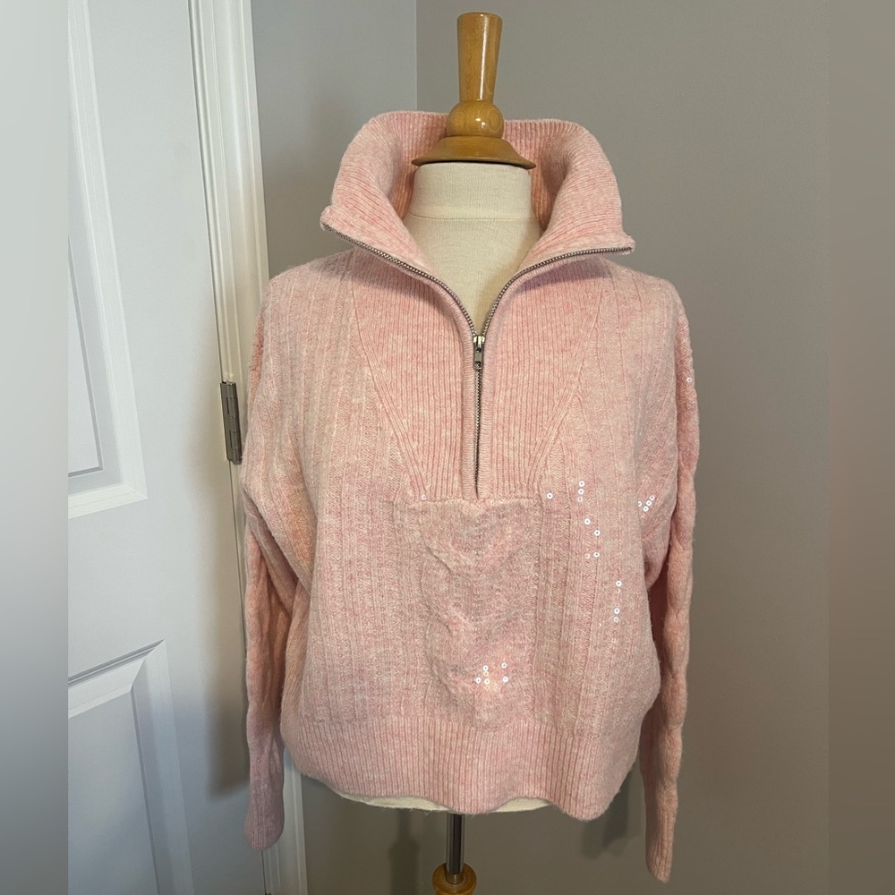 Lili Sidonio Women's Pink Quarter-Zip Sequin Cable Knit Sweater Sz S EUC